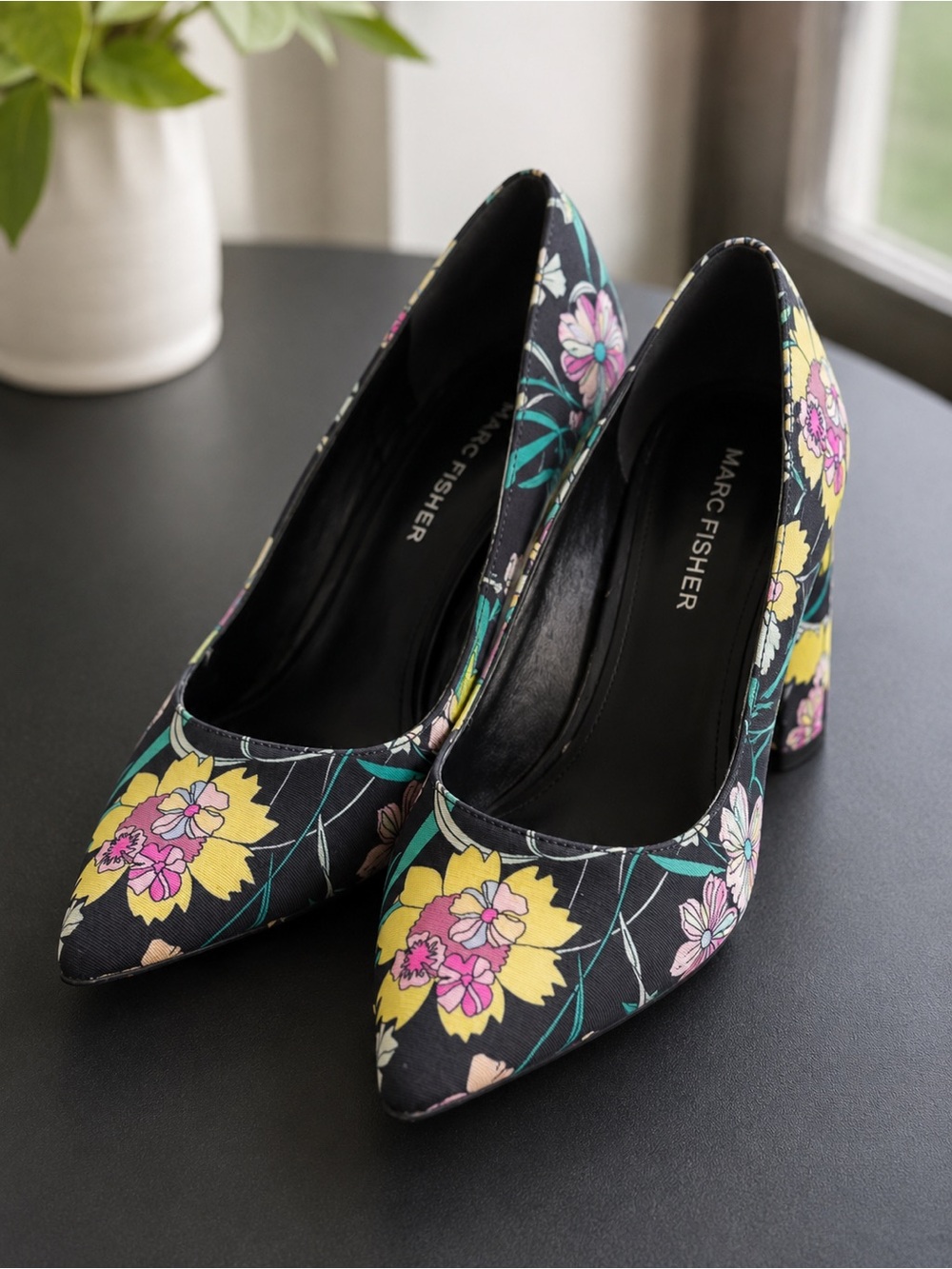 Marc Fisher Black Floral Pointed-Toe Pumps with Yellow & Pink Accents